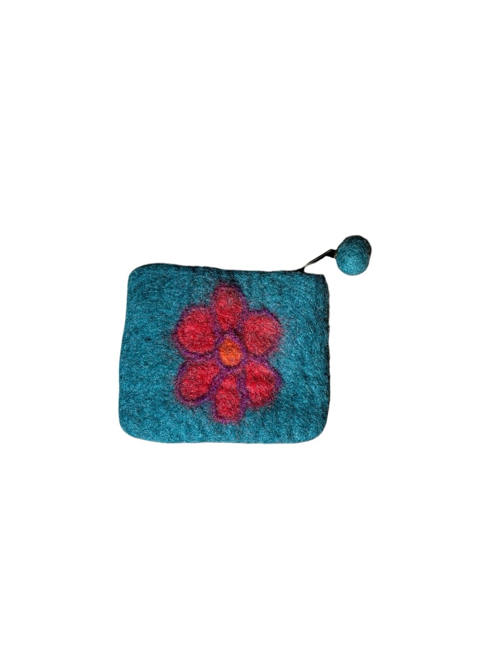 Felt Wool Coin Purse Floral Zipper Pouch Boho Wallet Teal Small Bag